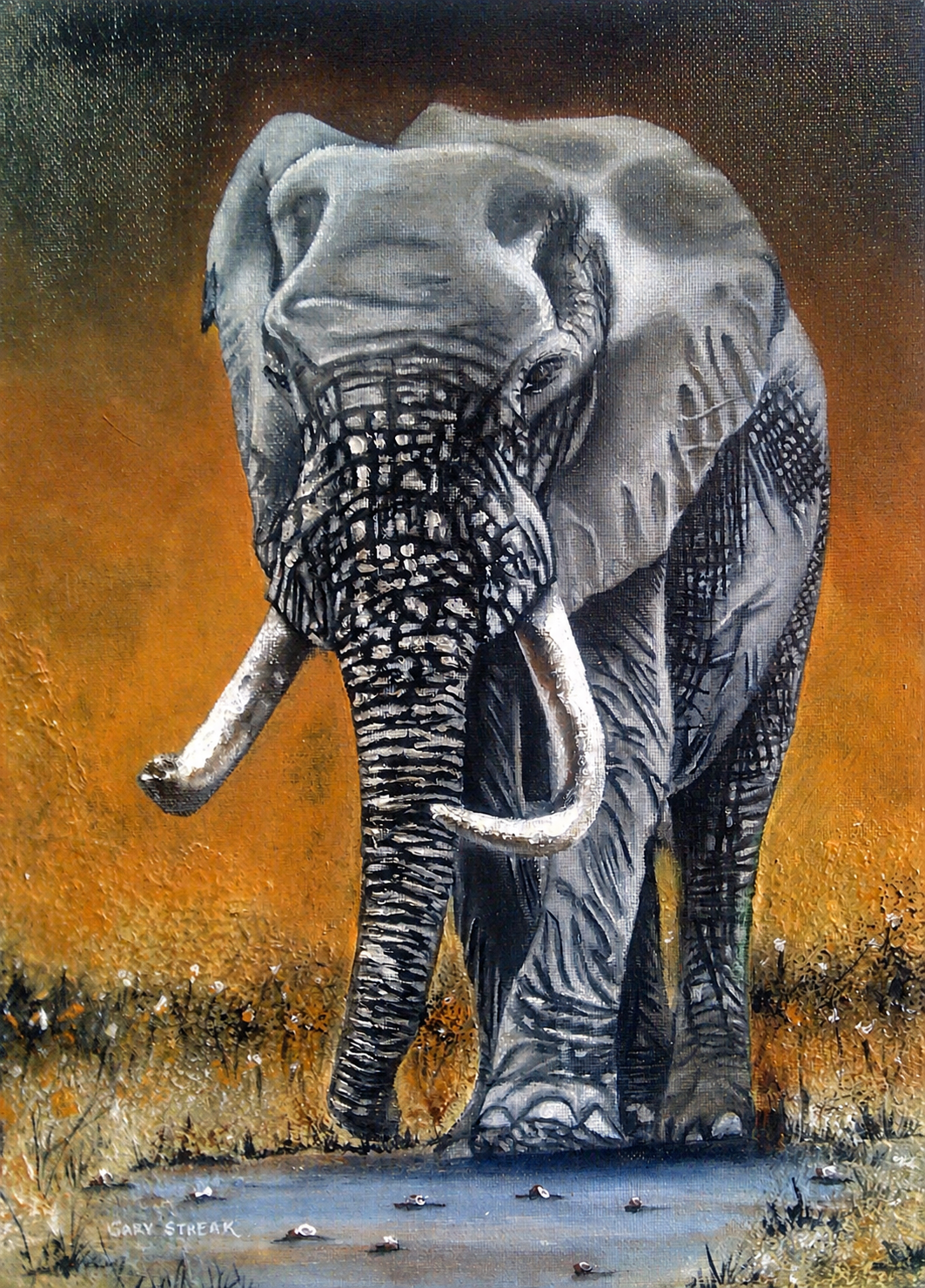 Gary Streak original oil painting on stretched canvas depicting an African elephant standing at a waterhole against a glowing amber landscape