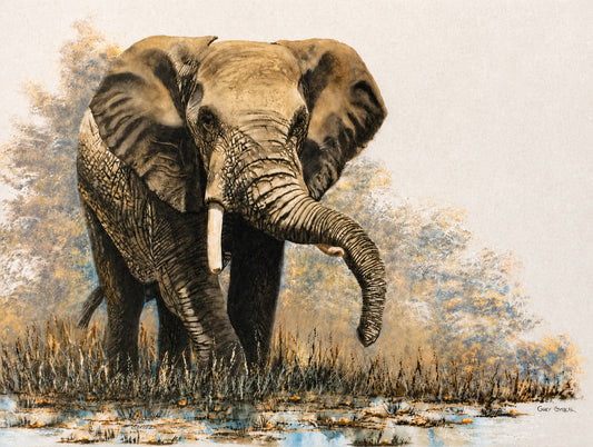 Original oil artwork featuring an African elephant standing at the edge of a tranquil waterhole.