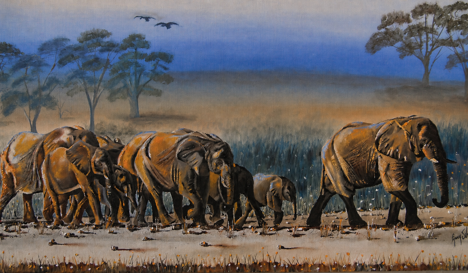 Gary Streak original oil painting on stretched canvas depicting an African elephant herd crossing a dry savannah beneath a muted blue sky
