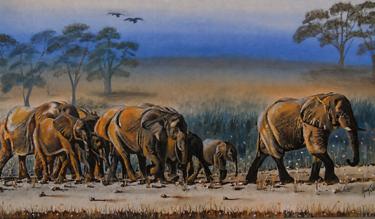 Gary Streak original oil painting on stretched canvas depicting an African elephant herd crossing a dry savannah beneath a muted blue sky
