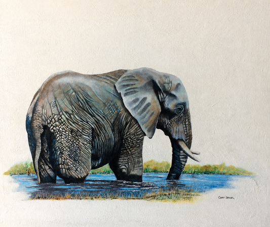 Gary Streak original oil painting on stretched canvas depicting a lone African elephant standing peacefully in shallow blue water