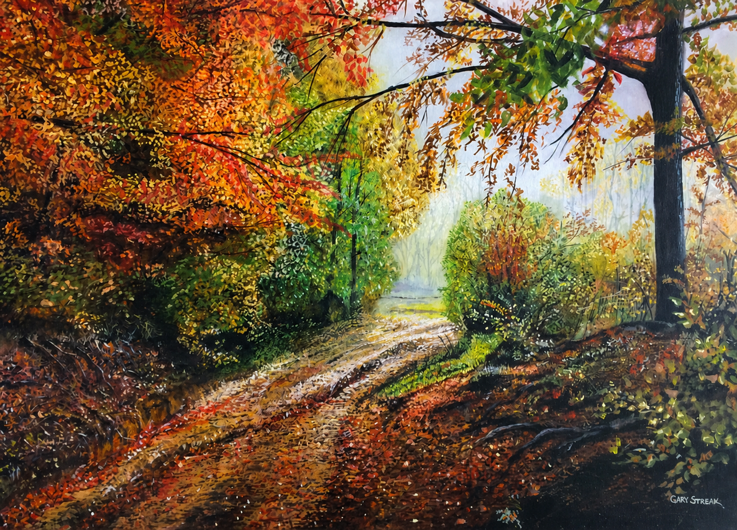 Gary Streak original oil painting on stretched canvas depicting a sunlit forest path surrounded by vibrant red, orange and green autumn foliage