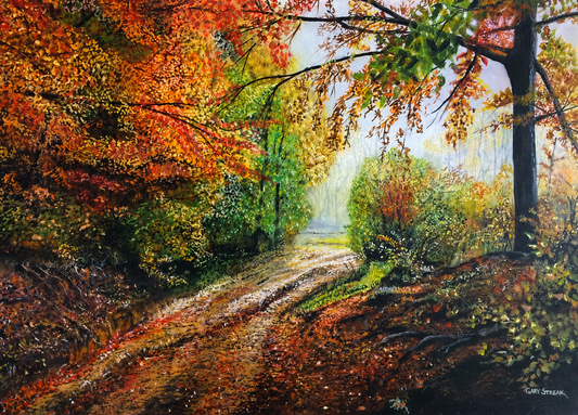 Gary Streak original oil painting on stretched canvas depicting a sunlit forest path surrounded by vibrant red, orange and green autumn foliage