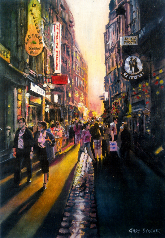Gary Streak original oil painting on stretched canvas depicting a busy city street with pedestrians, glowing shopfronts and dramatic evening light