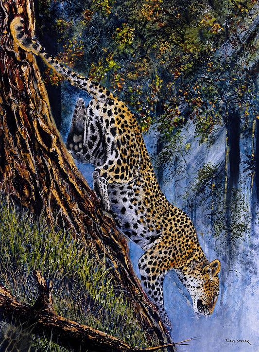 Original oil artwork featuring a leopard descending a tree in a richly textured forest setting.