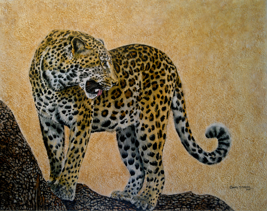 Gary Streak original oil painting on stretched canvas depicting a pair of leopards standing closely together against a warm neutral background