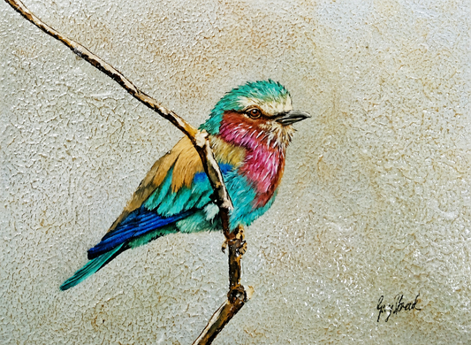 Gary Streak original oil painting on stretched canvas depicting a colourful lilac-breasted roller perched on a slender branch