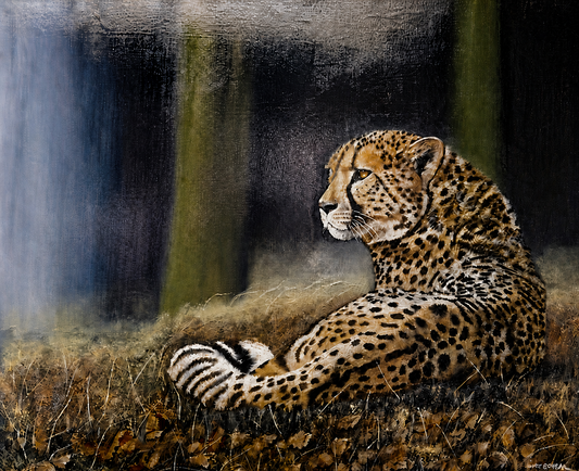 Gary Streak original oil painting on stretched canvas depicting a resting cheetah illuminated against a dark atmospheric woodland background