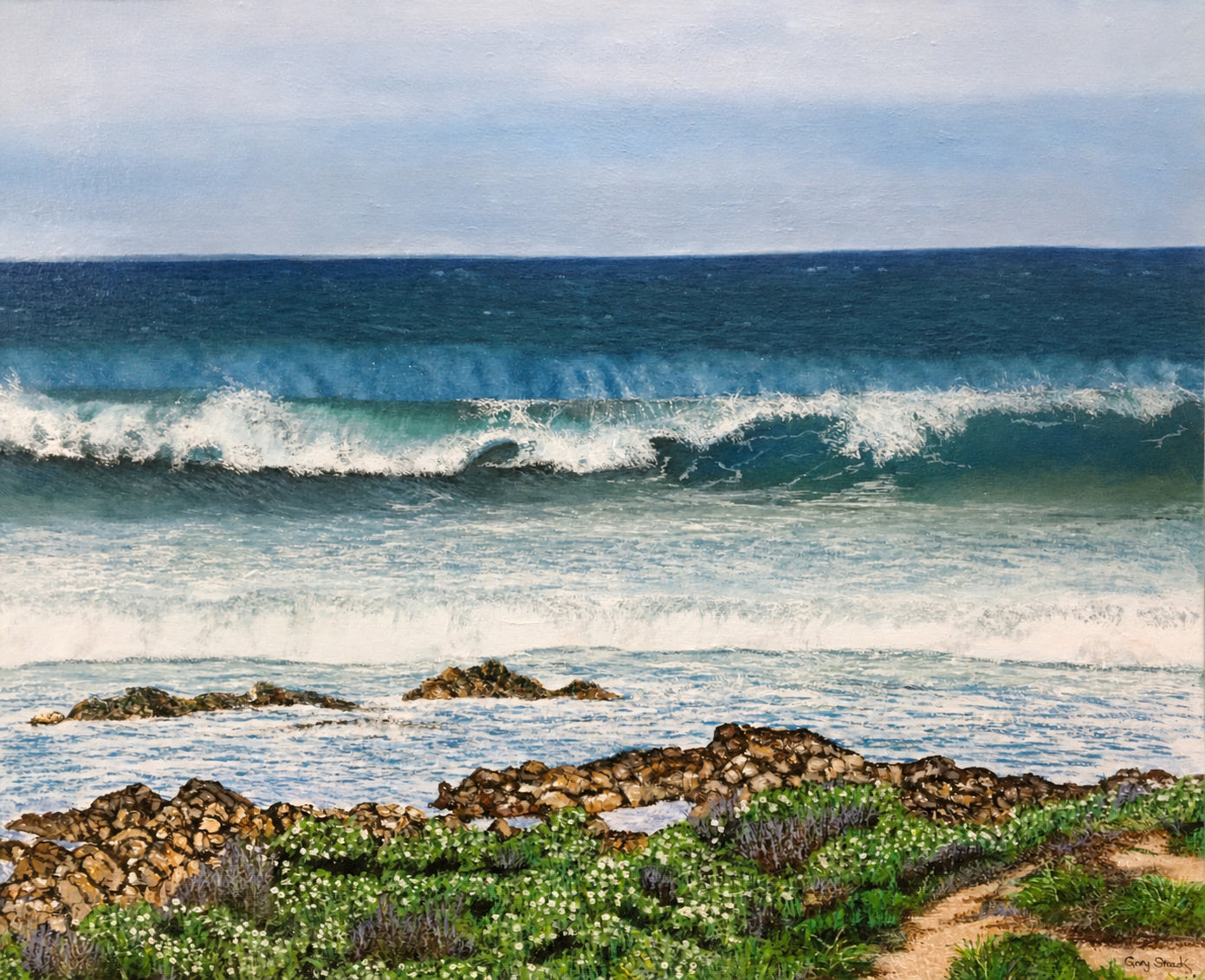 Original oil artwork featuring rolling ocean waves breaking along a rocky coastline with coastal greenery.
