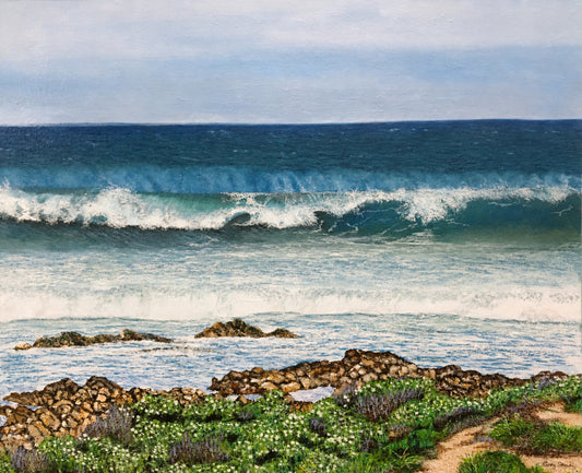 Original oil artwork featuring rolling ocean waves breaking along a rocky coastline with coastal greenery.