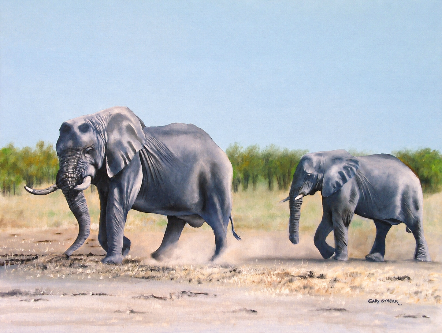 Gary Streak original oil painting on stretched canvas depicting two African elephants walking across a dry savannah beneath a pale blue sky