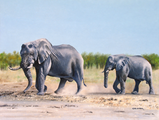 Gary Streak original oil painting on stretched canvas depicting two African elephants walking across a dry savannah beneath a pale blue sky