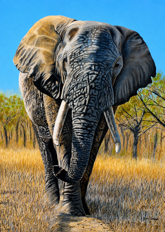 Gary Streak original oil painting on stretched canvas depicting an African elephant walking forward through golden grass beneath a blue sky