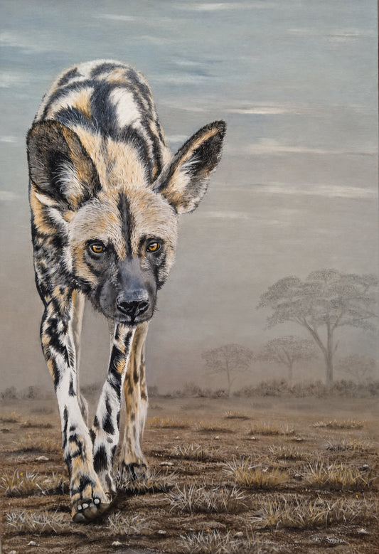 Original oil artwork featuring an African wild dog walking towards the viewer across a muted savanna landscape.