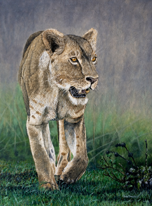 Gary Streak original oil painting on stretched canvas depicting an alert lioness walking through green grass in a softly atmospheric landscape