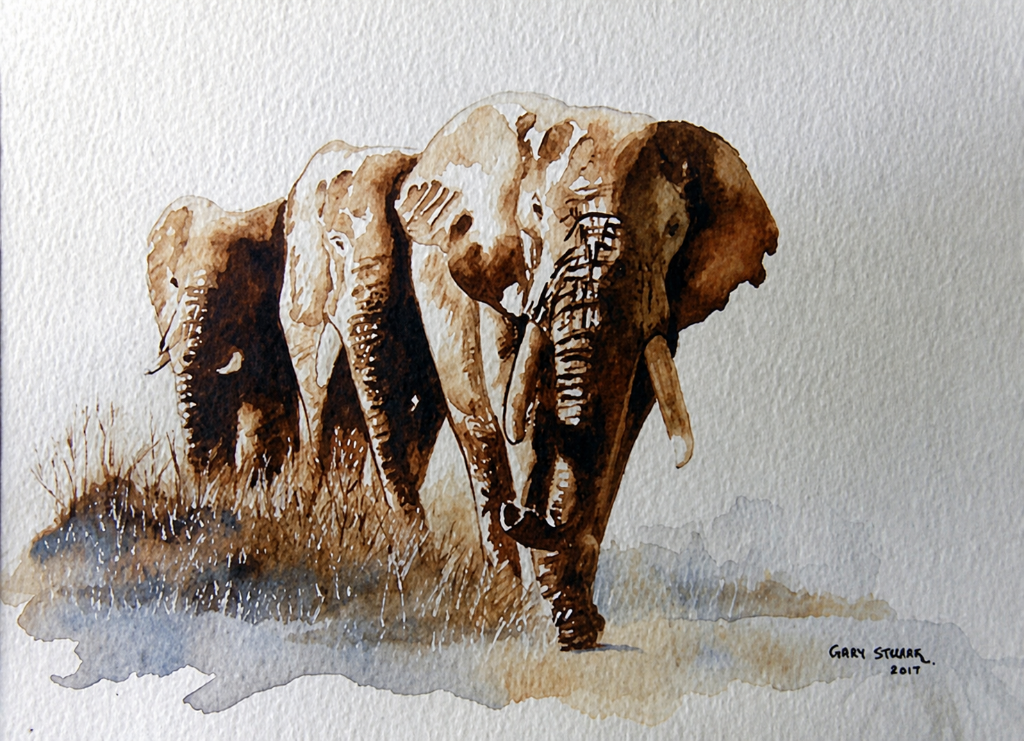 Gary Streak original watercolour artwork on artist paper depicting a small African elephant herd in loose, expressive earthy brushwork