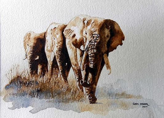 Gary Streak original watercolour artwork on artist paper depicting a small African elephant herd in loose, expressive earthy brushwork