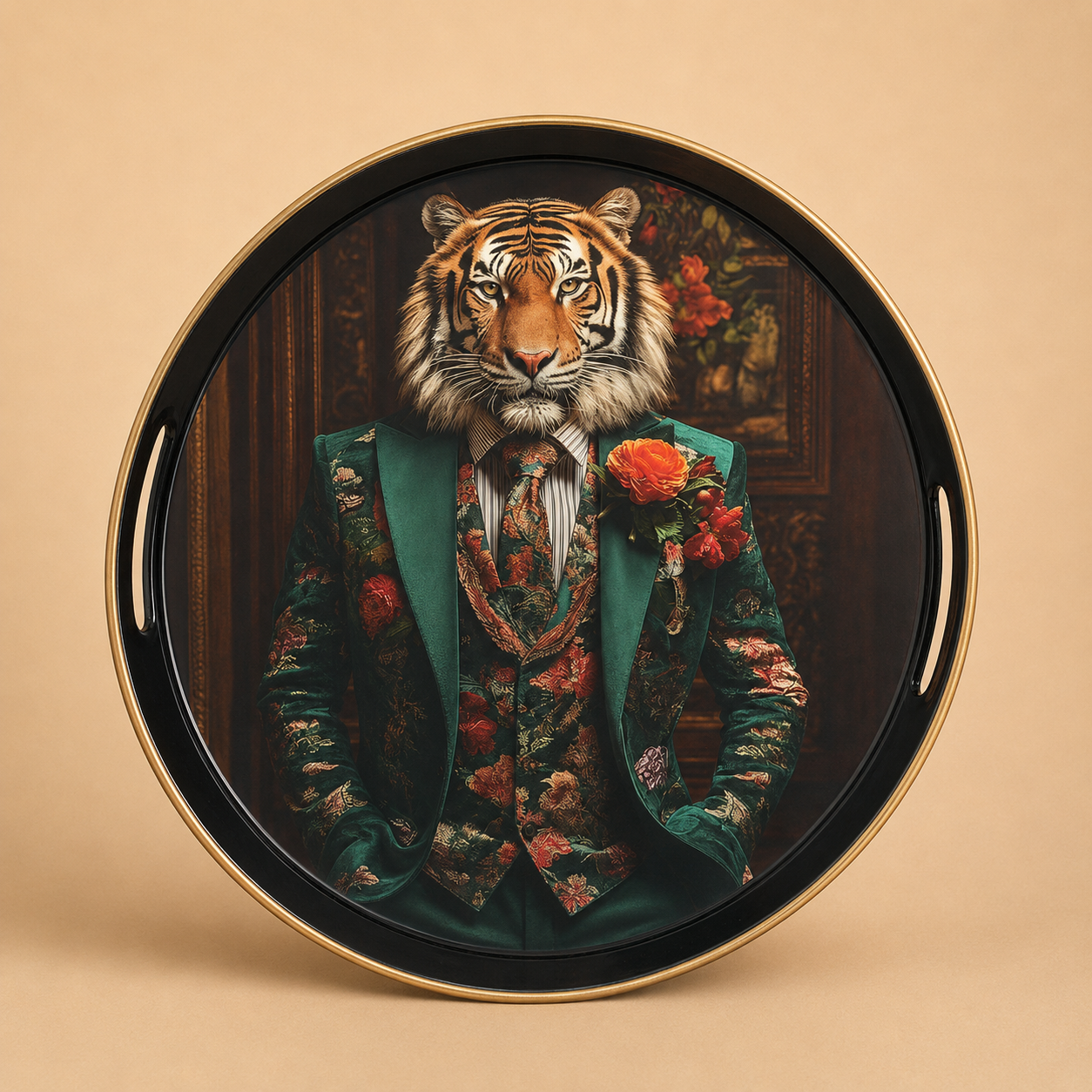Gentleman Tiger Round Serving Tray photographed on a warm beige studio background