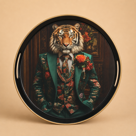 Gentleman Tiger Round Serving Tray photographed on a warm beige studio background