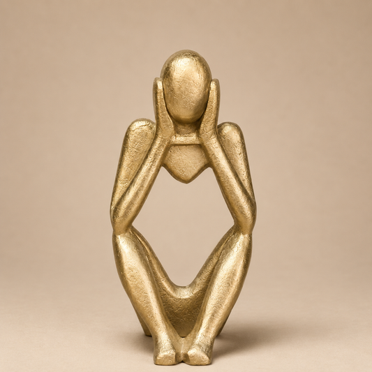 Gold Contemplative Seated Figure Sculpture photographed on a warm beige studio background