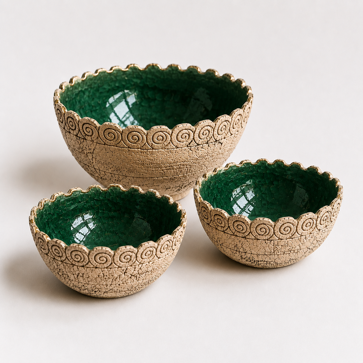 Handcrafted Green Glazed Ceramic Bowls photographed on a warm beige studio background