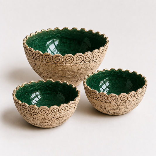 Handcrafted Green Glazed Ceramic Bowls photographed on a warm beige studio background
