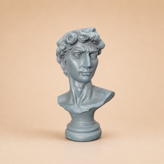 Grey Classical David-Style Bust photographed on a warm beige studio background