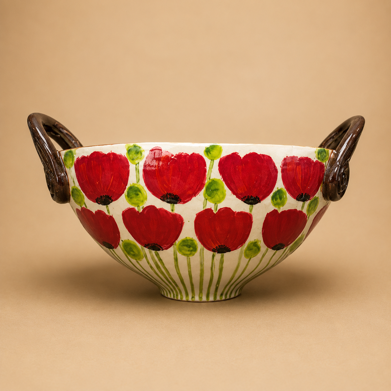 Handcrafted Red Poppy Ceramic Serving Bowl photographed on a warm beige studio background