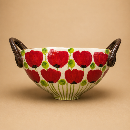Handcrafted Red Poppy Ceramic Serving Bowl photographed on a warm beige studio background