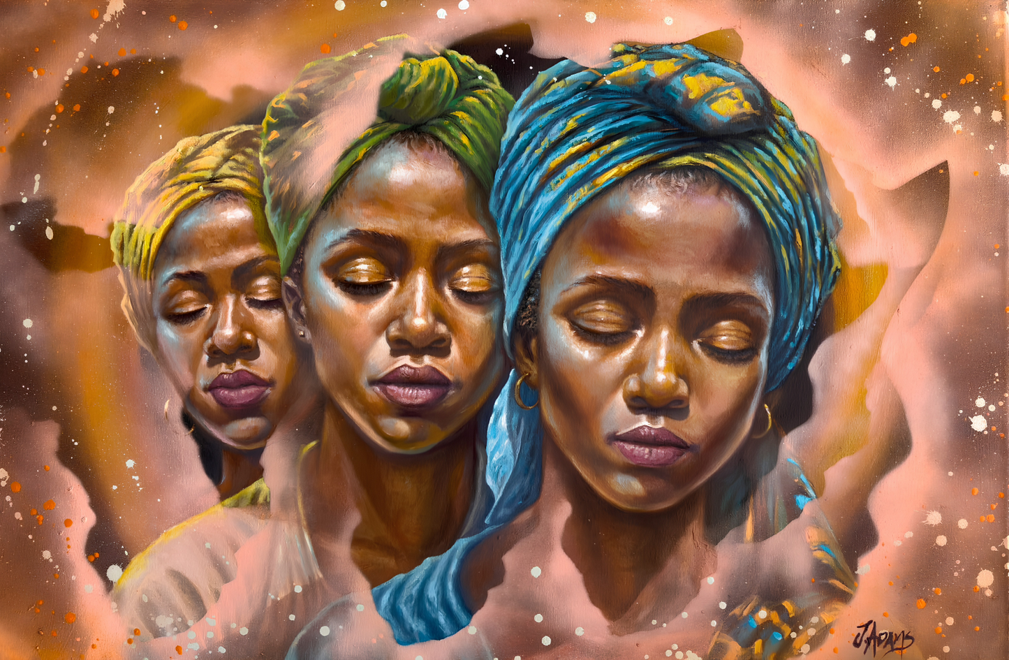 John Adams original oil painting on stretched canvas depicting three African women wearing colourful headwraps with their eyes gently closed