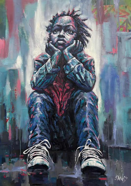 John Adams original oil painting on stretched canvas depicting a contemplative seated African man in expressive blue, teal, pink and black tones