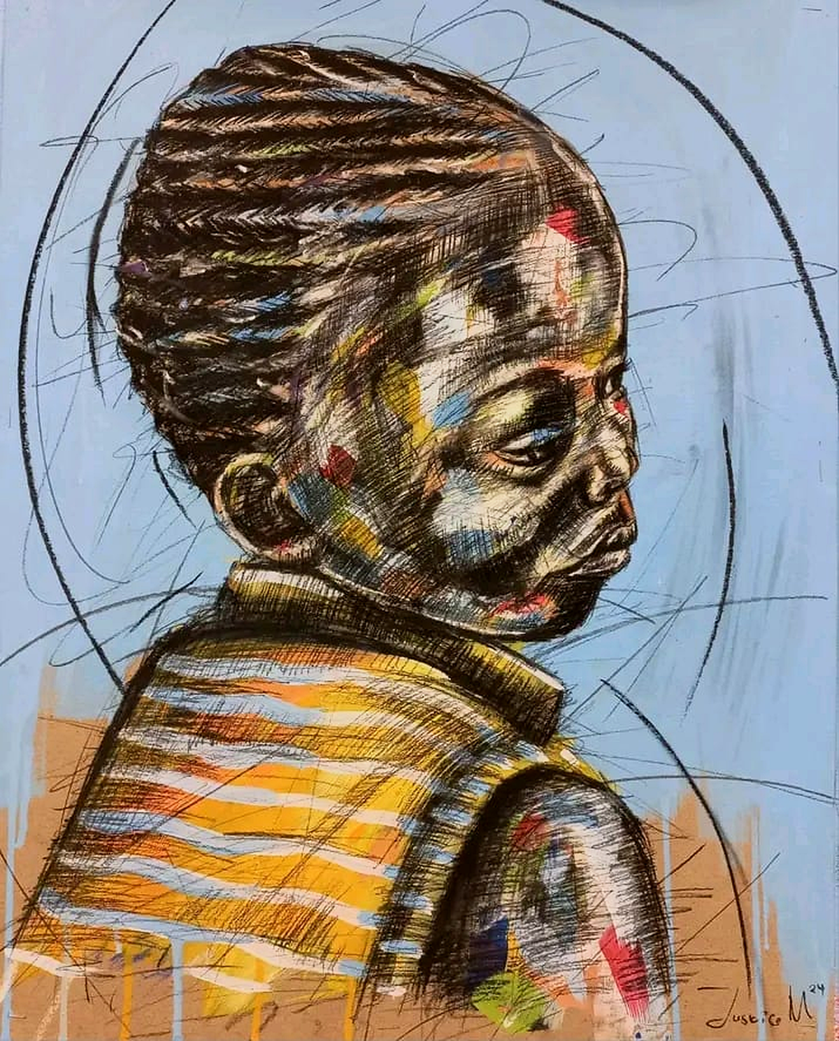 Justice Mathonsi original artwork depicting a braided child in profile wearing a yellow striped garment against blue