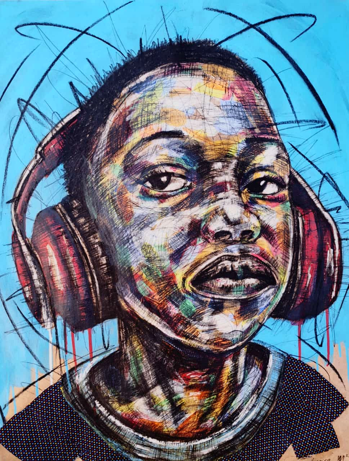 Justice Mathonsi original artwork featuring a colourful portrait of a young boy wearing large headphones against a blue background