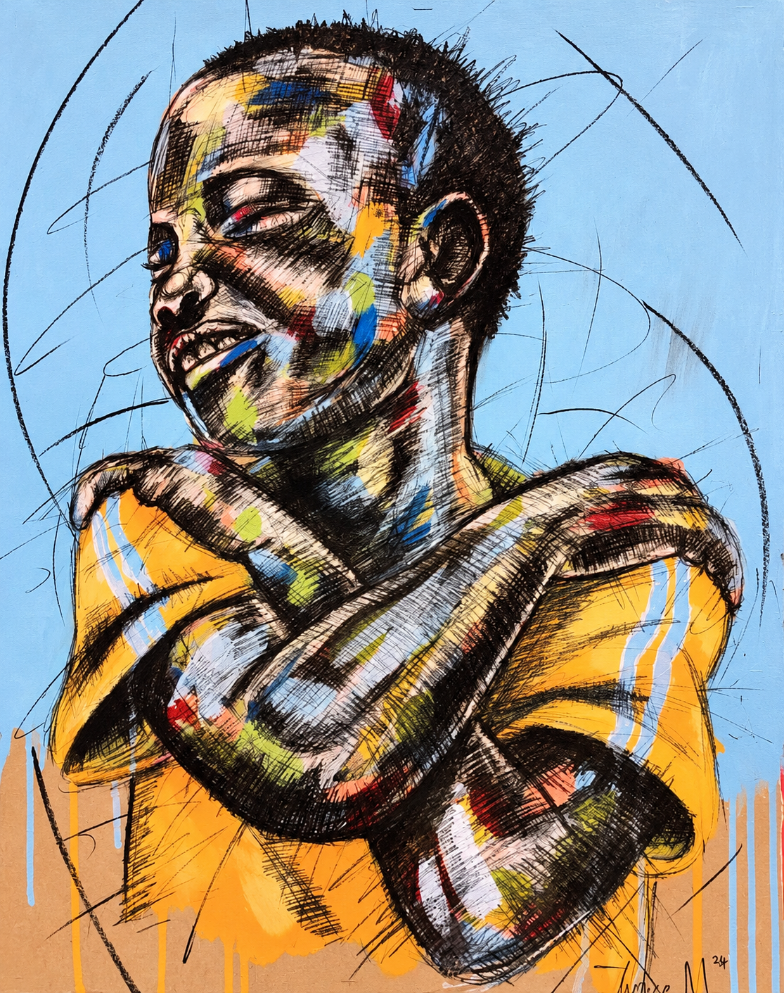 Justice Mathonsi original artwork depicting a young boy with crossed arms wearing a bright yellow shirt against blue
