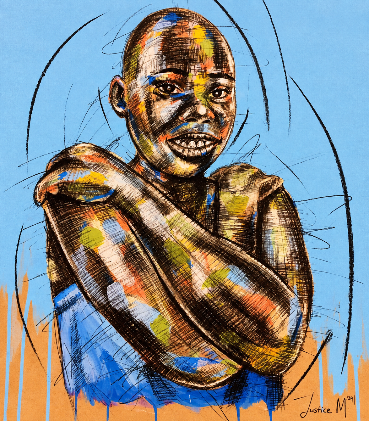 Justice Mathonsi original artwork depicting a smiling boy sitting with his arms folded over his knees against pale blue