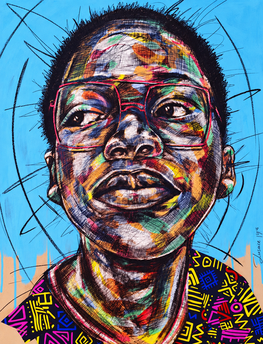 Justice Mathonsi original artwork depicting a young boy wearing oversized glasses and looking upward against blue
