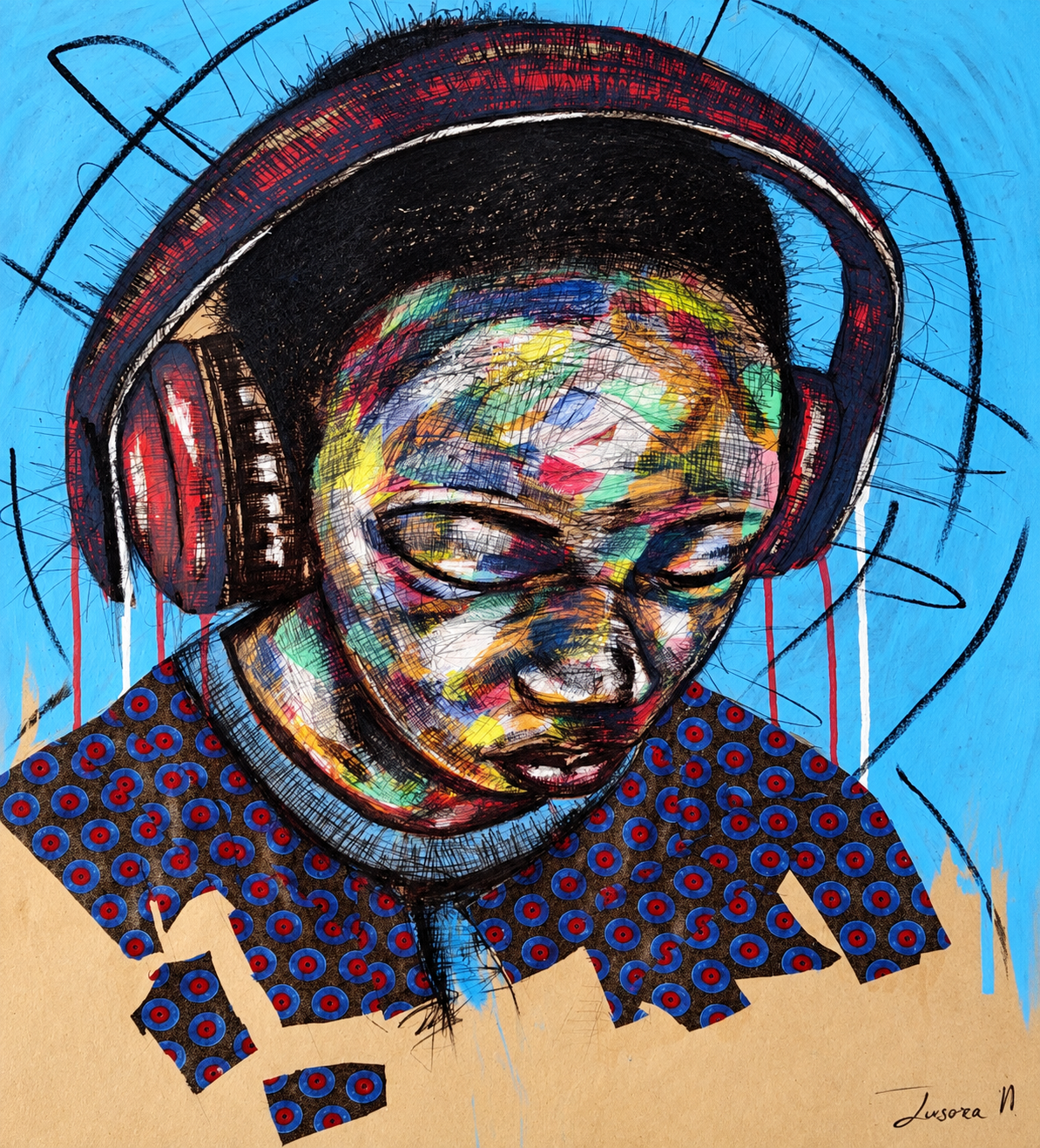 Justice Mathonsi original artwork depicting a young boy wearing large headphones and looking downward in quiet reflection