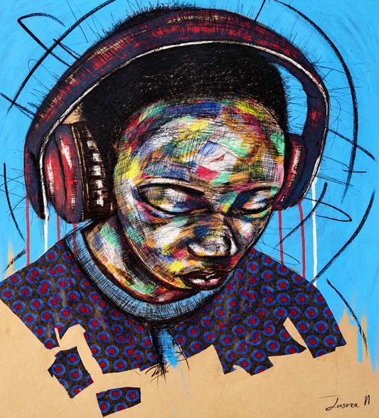Justice Mathonsi original artwork depicting a young boy wearing large headphones and looking downward in quiet reflection