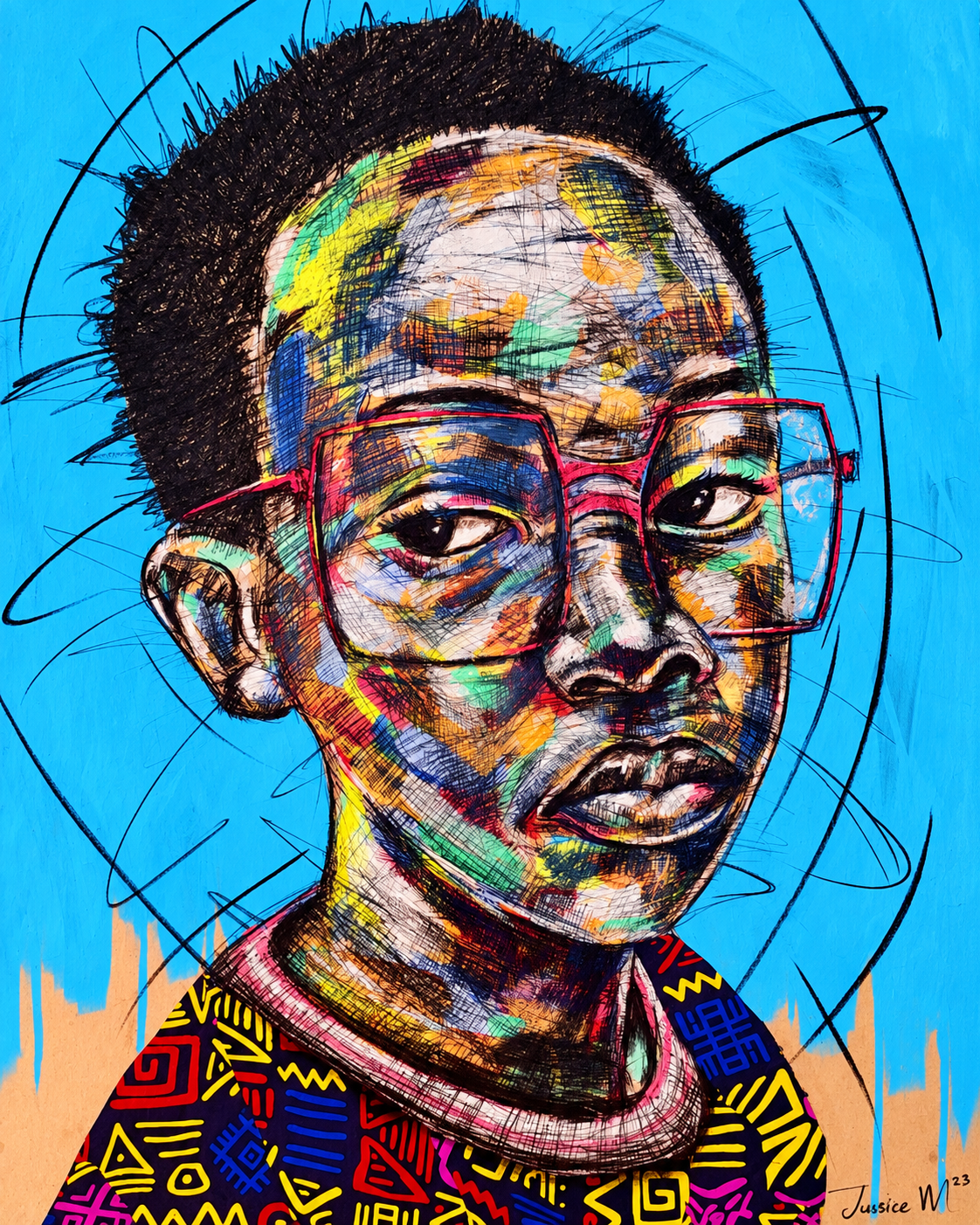 Justice Mathonsi original artwork featuring a colourful young boy wearing oversized red glasses against a vivid blue background