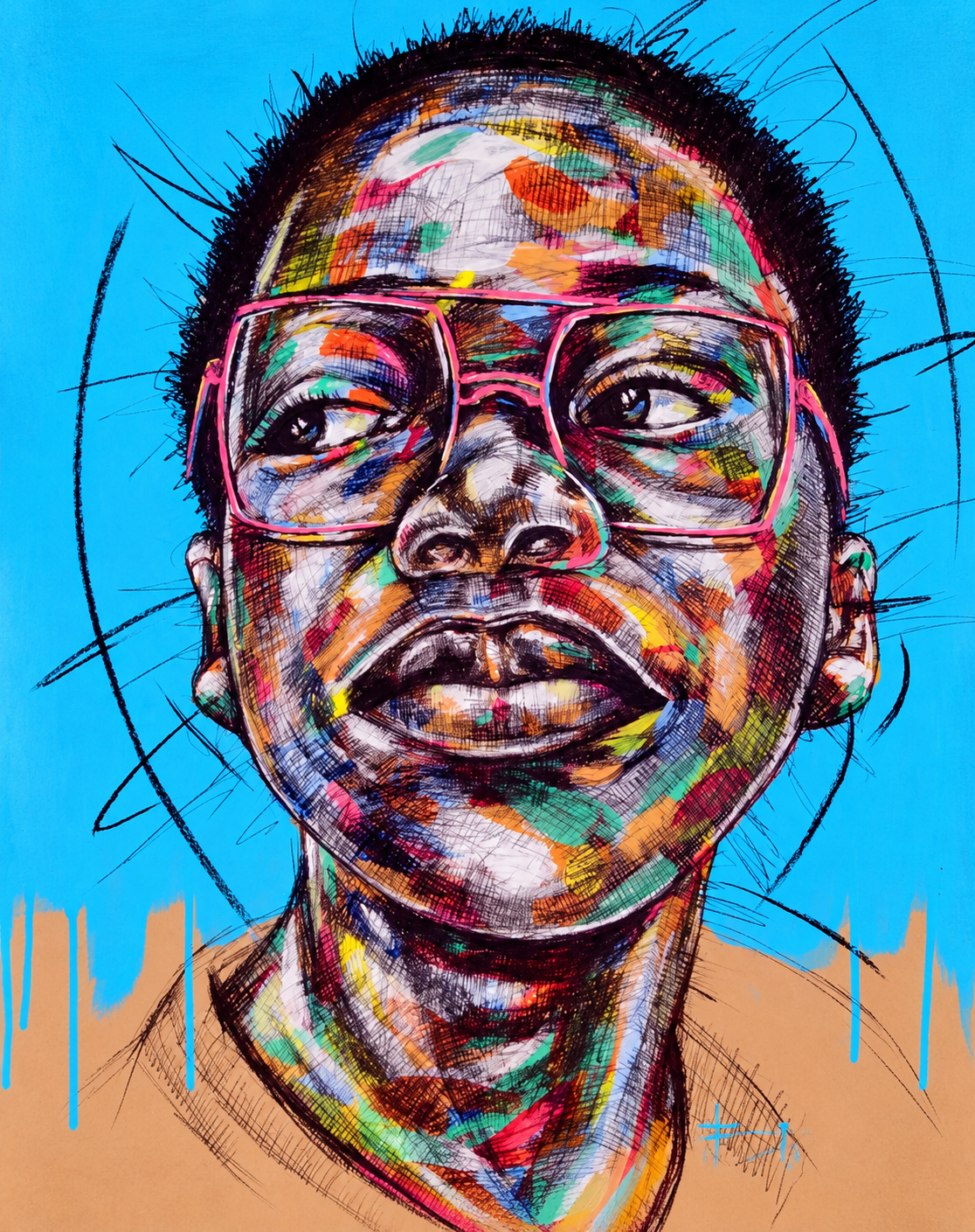 Justice Mathonsi original artwork depicting a young boy in red glasses looking upward against a vibrant blue background