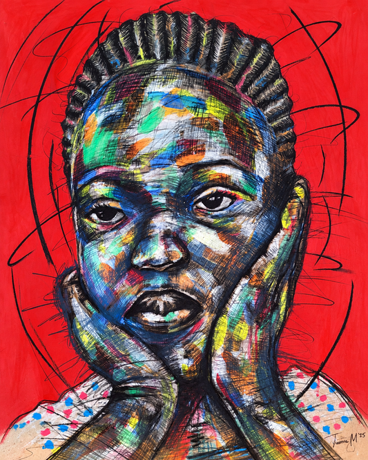 Justice Mathonsi original artwork depicting a braided girl resting her face in her hands against a vivid red background
