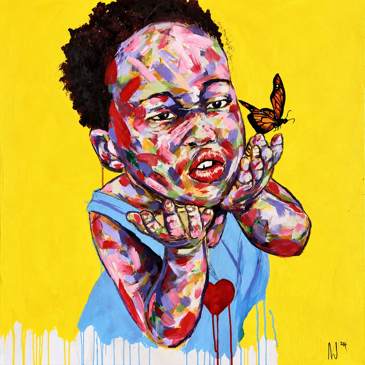 Justice Mathonsi original artwork featuring a colourful child with a butterfly against a bright yellow background
