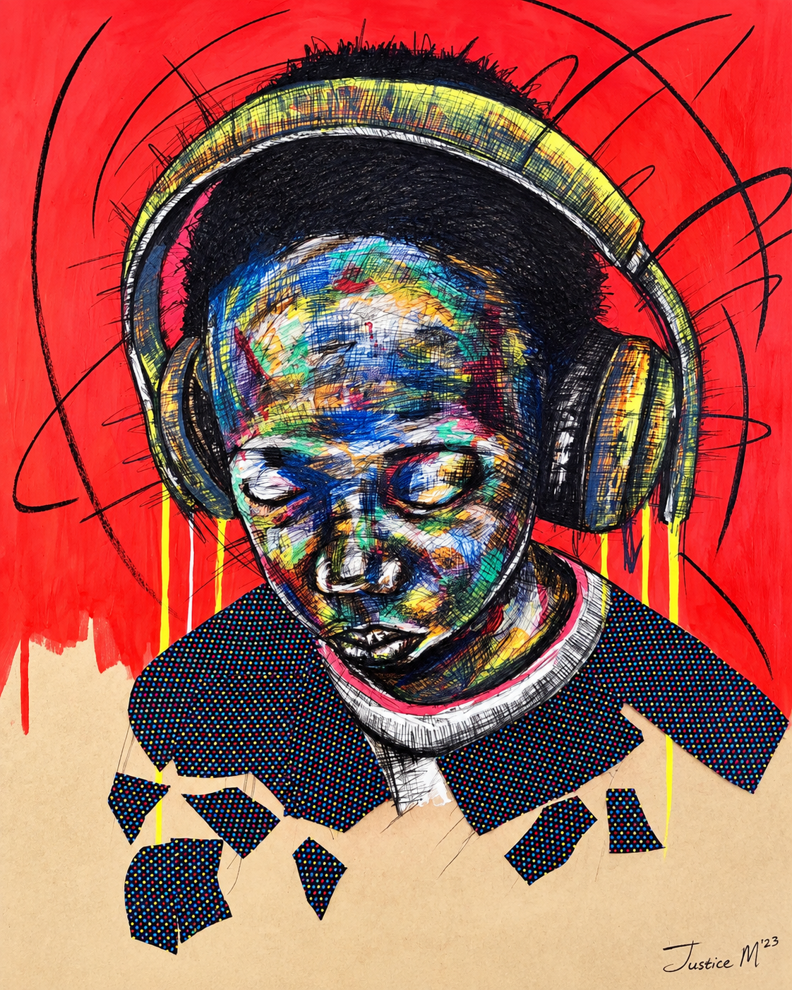 Justice Mathonsi original artwork depicting a contemplative child wearing oversized headphones against a vibrant red background