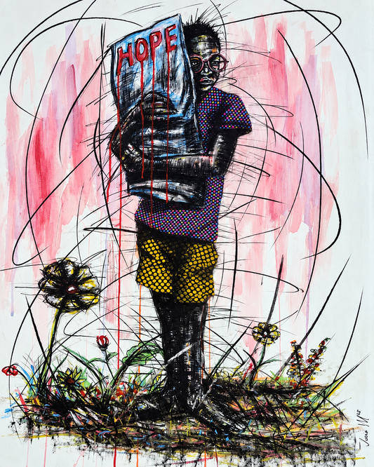 Justice Mathonsi original artwork depicting a child holding a large Hope sign surrounded by flowers and expressive linework