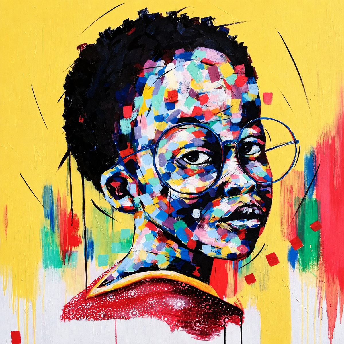 Justice Mathonsi original artwork featuring a colourful child wearing oversized round glasses and a patterned red garment