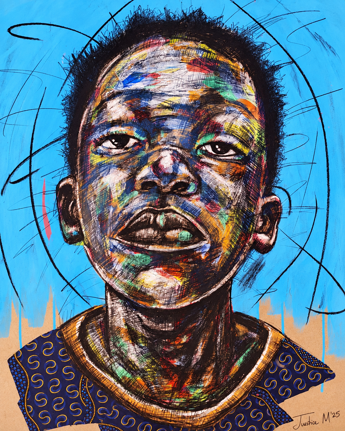 Justice Mathonsi original artwork featuring a colourful frontal portrait of a young boy against a vivid blue background