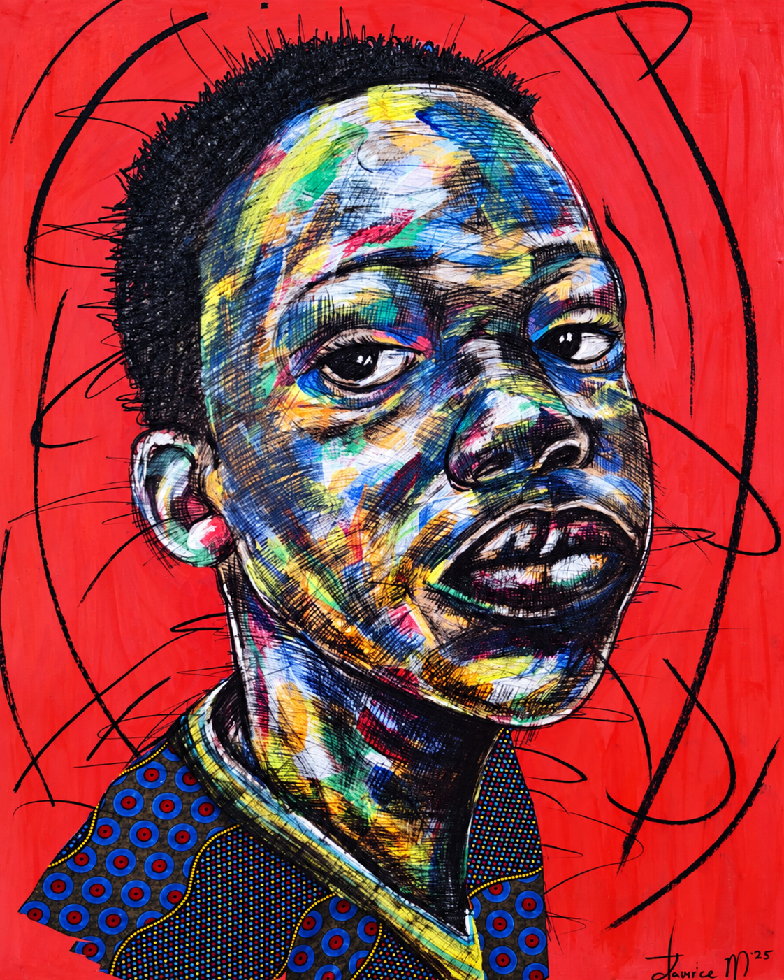Justice Mathonsi original artwork featuring a colourful young boy in three-quarter view against a vibrant red background
