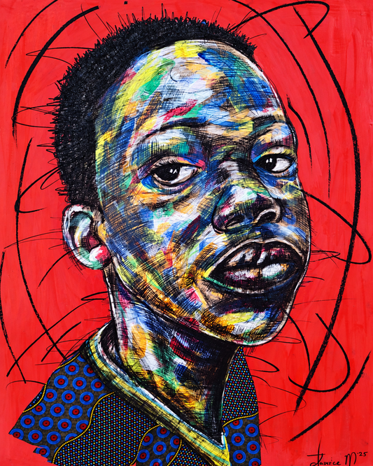 Justice Mathonsi original artwork featuring a colourful young boy in three-quarter view against a vibrant red background