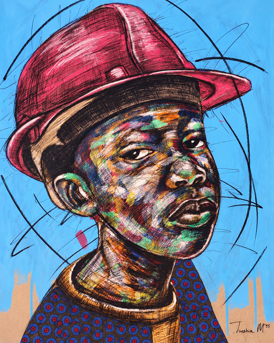 Justice Mathonsi original artwork featuring a colourful young boy wearing a red hat against an expressive blue background