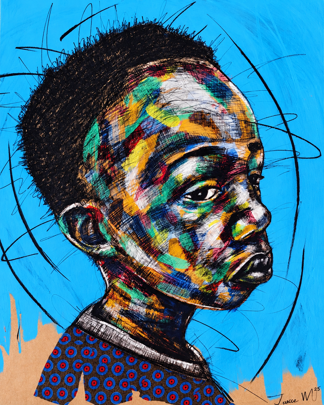 Justice Mathonsi original artwork featuring a colourful side-profile portrait of a young boy against vivid blue